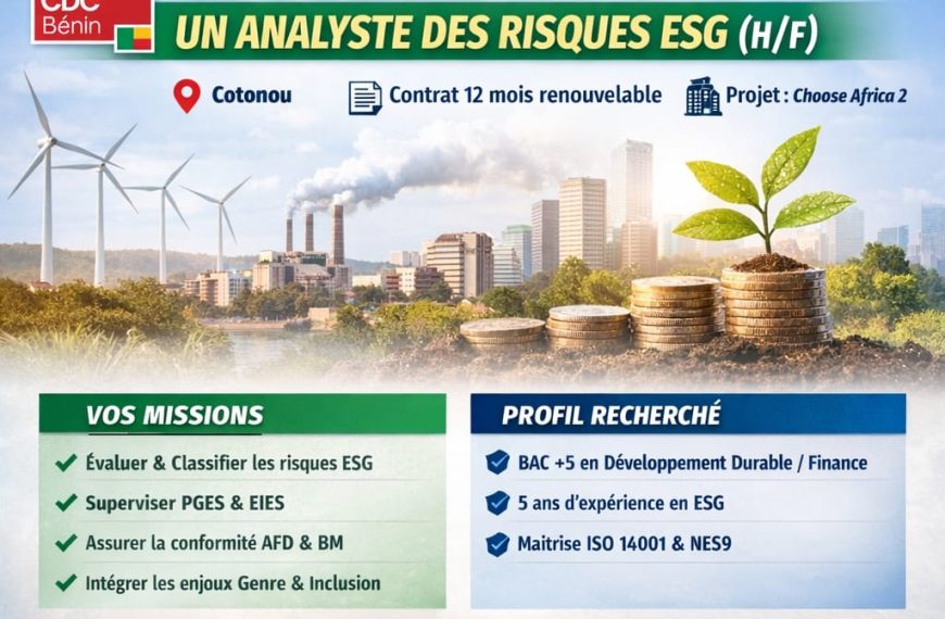 CDC Bénin recrute un analyste des risques ESG (H/F)