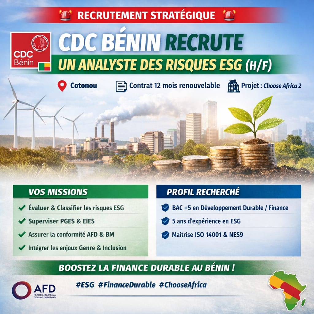 CDC Bénin recrute un analyste des risques ESG (H/F)