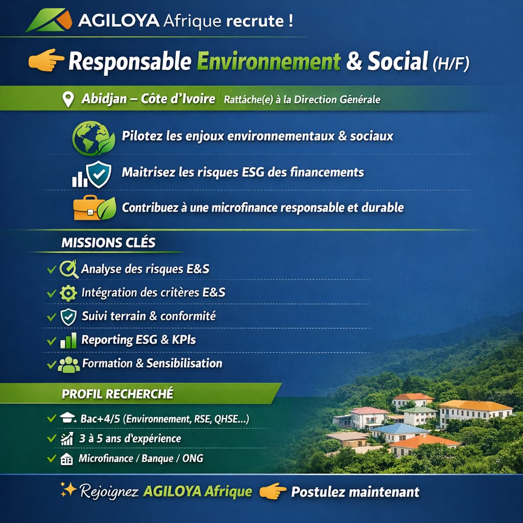 Côte d’Ivoire : AGILOYA Afrique recrute un Responsable Environnement et Social (H/F)