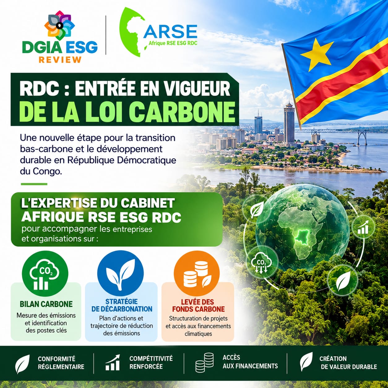 🇨🇩 RDC : ENTRÉE EN VIGUEUR DE LA LOI CARBONE ET EXPERTISE DU CABINET AFRIQUE RSE ESG RDC SUR LA RÉALISATION DU BILAN CARBONE, LA STRATÉGIE DE DÉCARBONATION ET LA LEVÉE DES FONDS CARBONE
